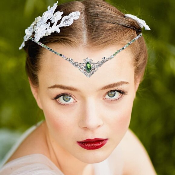 Green Crystal Tiara Handmade Fairy Crown Bridal Wedding V-Shaped Elf Headpiece